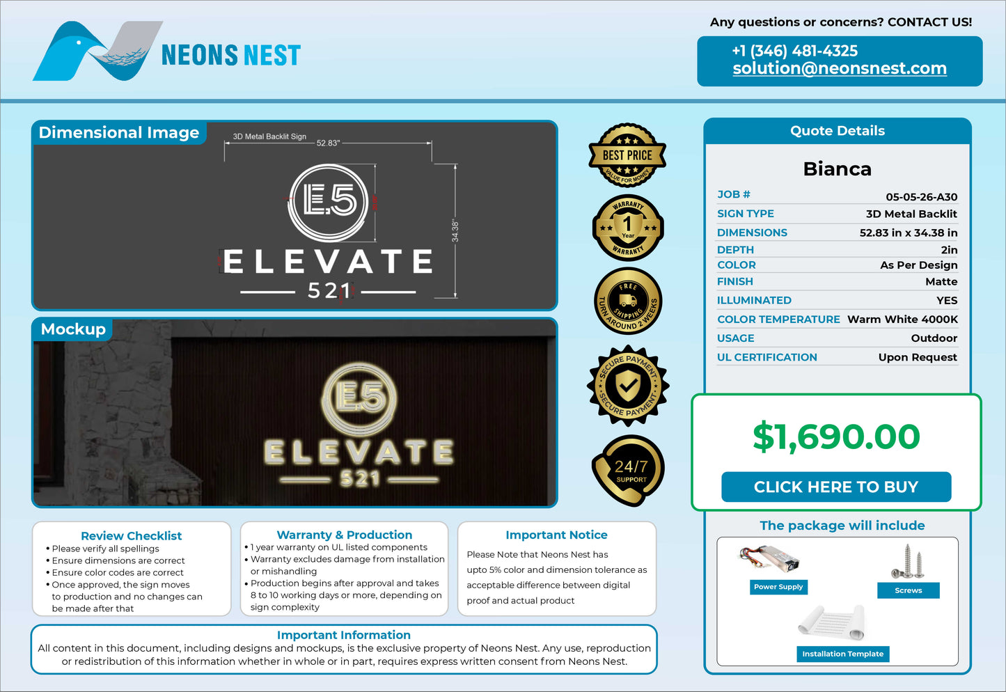 ELEVATE 521 Metal Backlit Sign