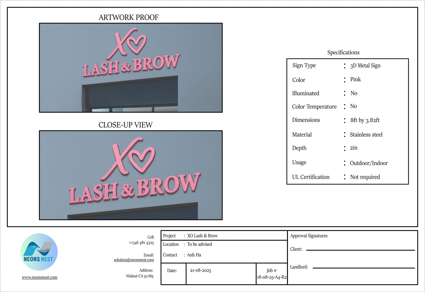 XO Lash & Brows Metal Non lit Sign