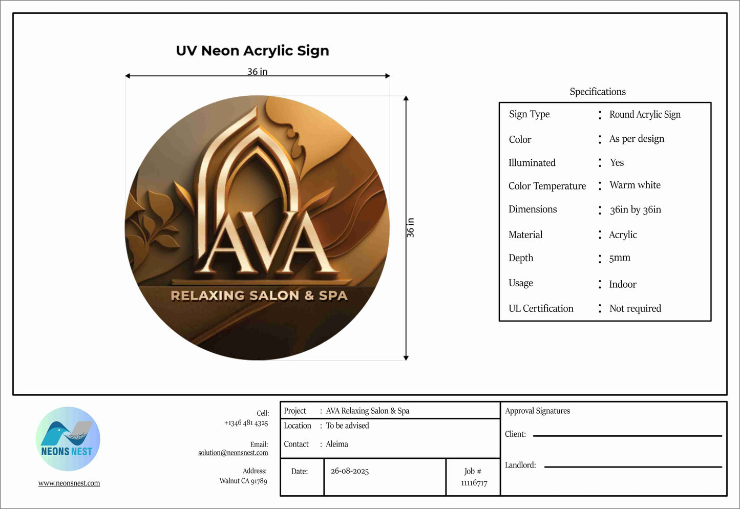 Round Acrylic Sign for Ava Relaxing Salon & Spa