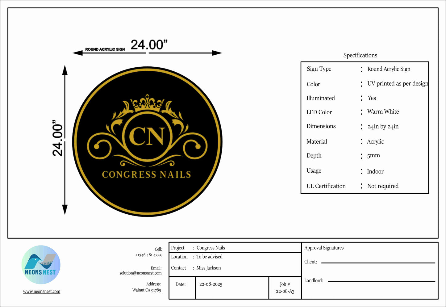 Round acrylic sign for Miss Jackson