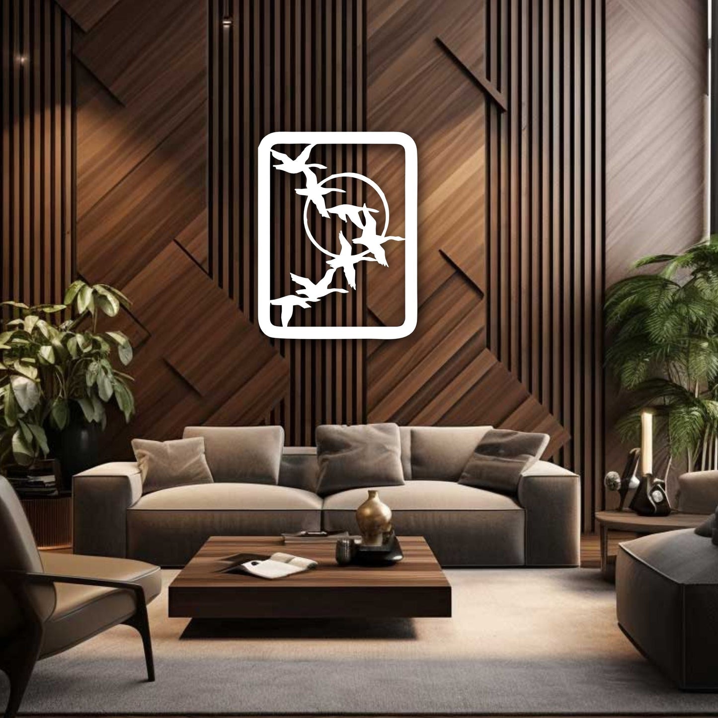 Flying Birds Metal Wall Art in a modern living room setup