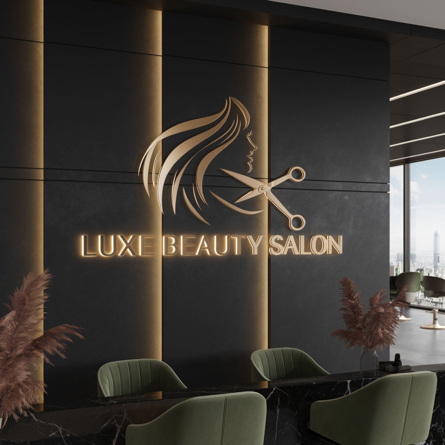 Front view of Luxe Beauty Salon 3D backlit metal sign