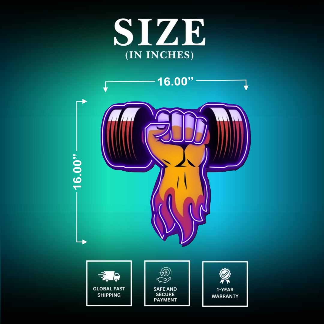 Hand Lifting Dumbbell Neon Sign Size