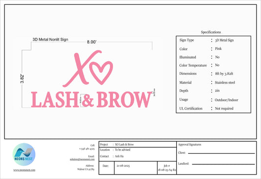 XO Lash & Brows Metal Non lit Sign