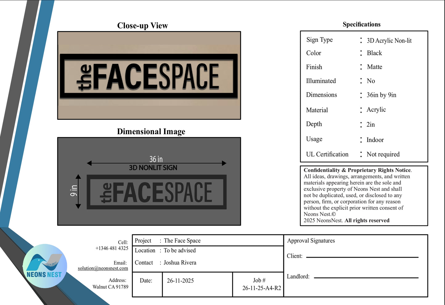 The Face Space 3D Non-Lit Sign