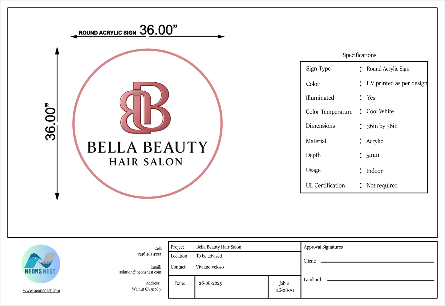 Round Acrylic Sign for Bella Beauty Hair Salon