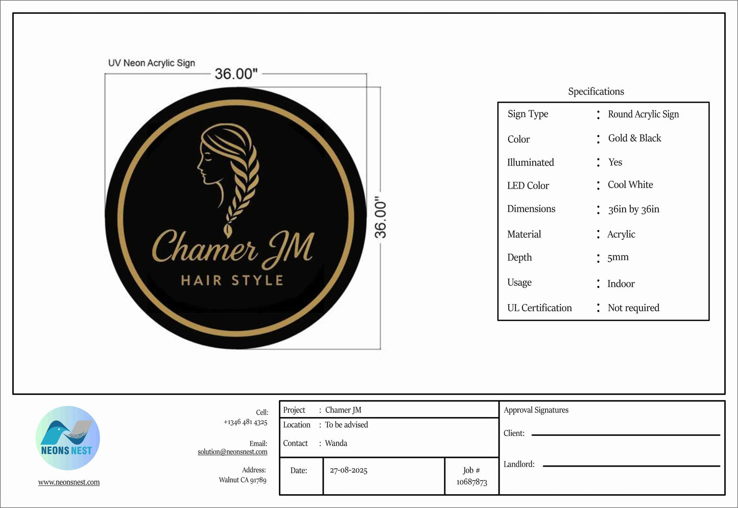 Round Acrylic Sign for Chamer JM Hair Salon