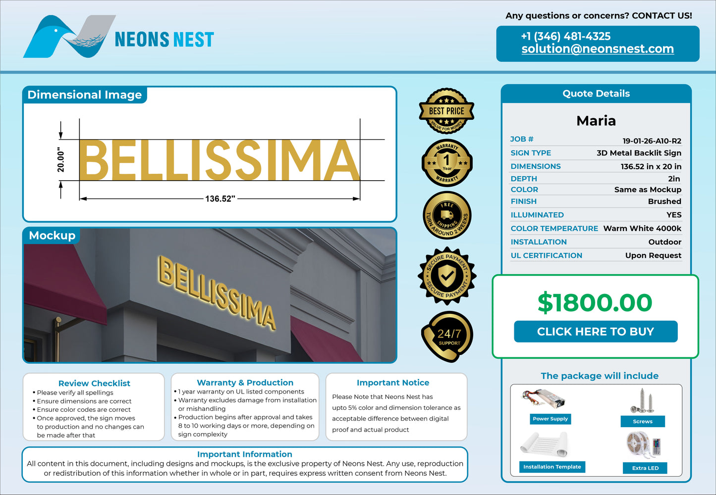 Bellissima 3D Metal Backlit Sign