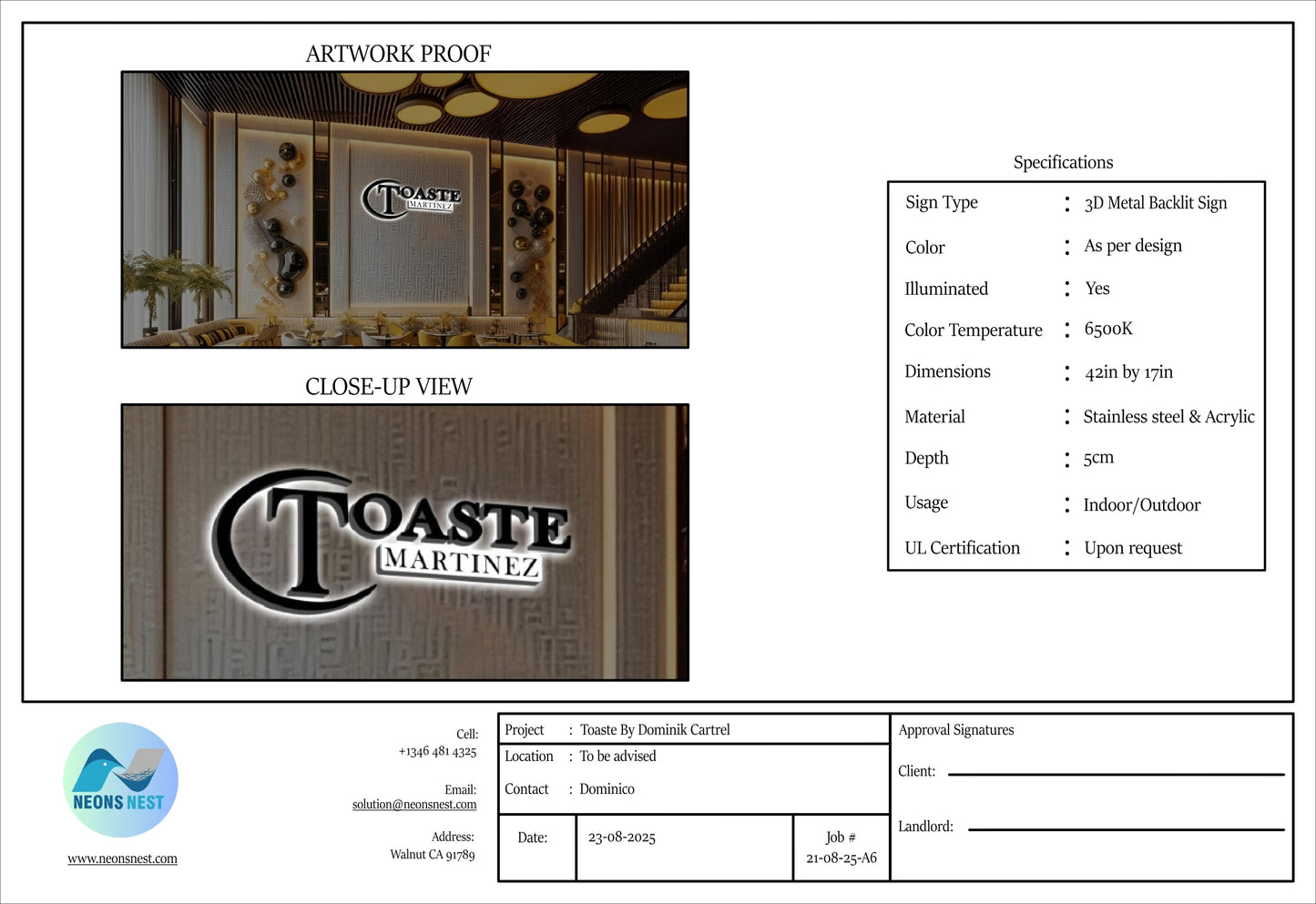 Custom Metal Backlit Sign for Dominico