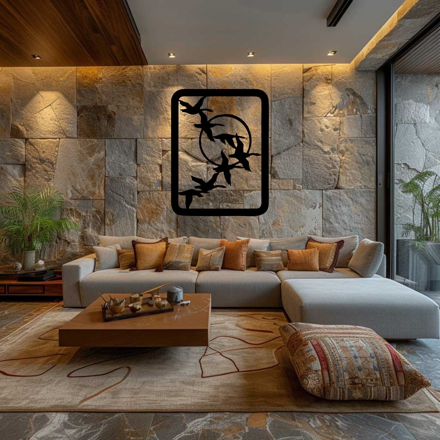 Flying Birds Metal Wall Hanging displayed above bed


