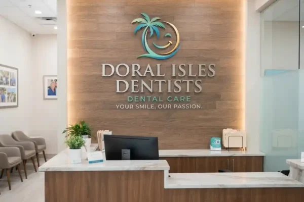 Doral Isles Dentists — reception logo wall