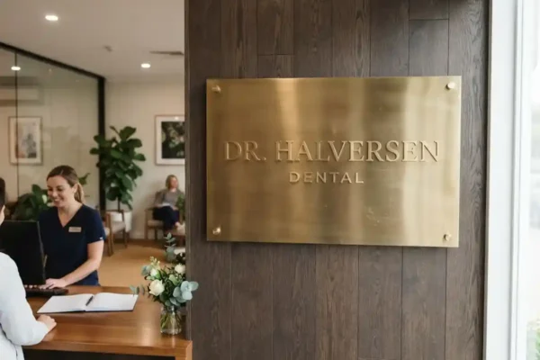 Dr. Halversen Dental — brass, non-lit reception sign