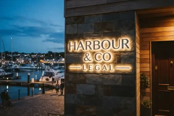Harbour & Co Legal — halo-lit floating letters