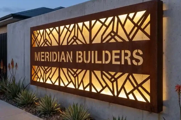 Meridian Builders — corten laser-cut entry panel