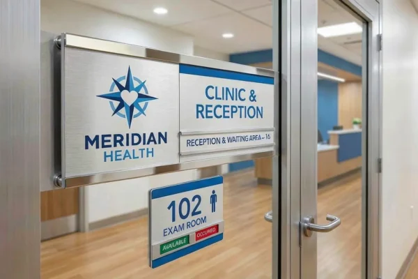 Meridian Health — door plates + wayfinding