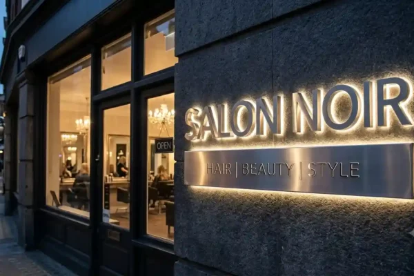 Salon Noir — brushed stainless letters + panel